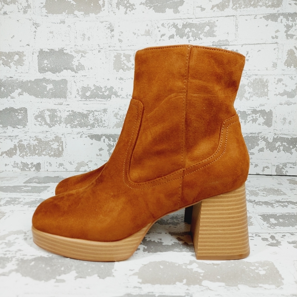 New BP Keyla Platform Brown Faux Suede Chunky Bootie X58